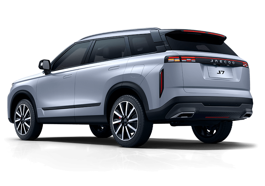 A silver JAECOO premium off road SUV is shown from a rear three-quarter angle, highlighting its modern design and sleek lines. The vehicle, identified as the JAECOO J7 luxury SUV, proudly displays the JAECOO logo on the rear.